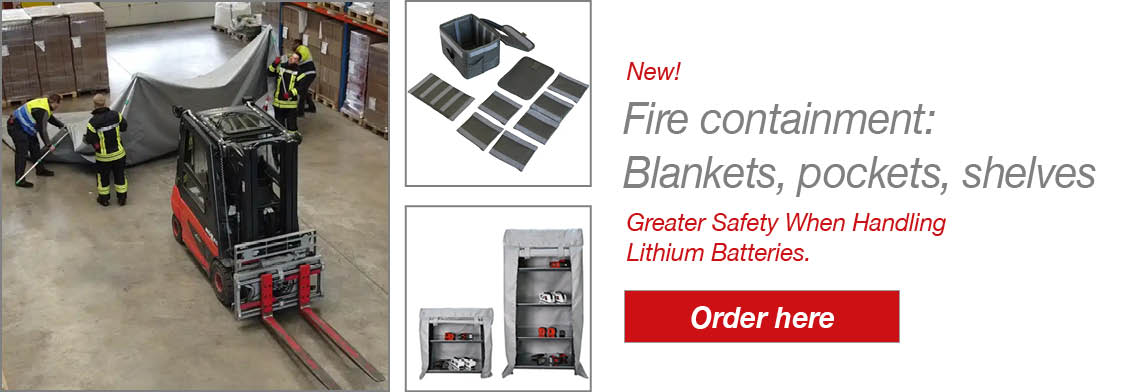 Fire containment materials for use w/ lithium akkus. Shelves, blankets, pockets.